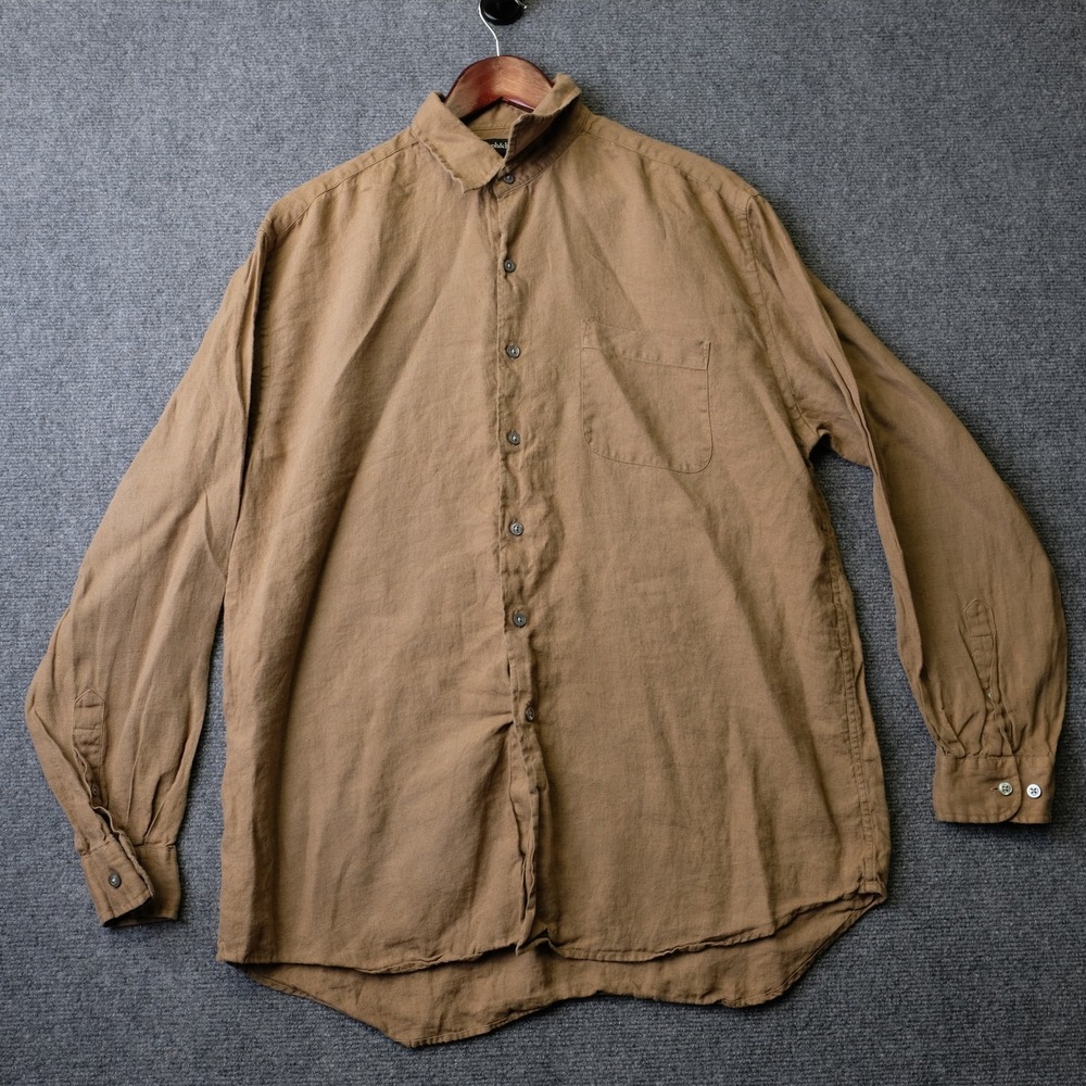 Joseph & Lyman Italian Linen Button Up Shirt Mens L Brown Band Collar Casual